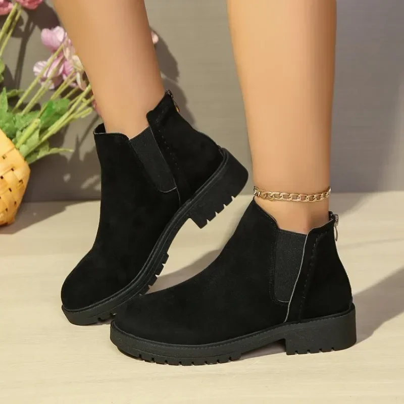 Female Shoes on Sale 2024 New Zipper Women's Boots Autumn Round Toe Suede Solid Short Barrel Low Heels Large Size Naked Boots