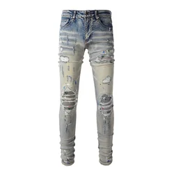 The Best Distressed Light Blue Ribs Patchwork Holes Graffiti Moustache Ripped Jeans Men