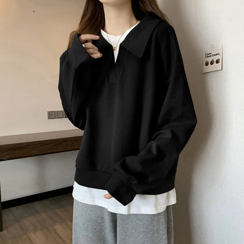 Fashion Lapel Spliced Fake Two Pieces Sweatshirts Female Clothing 2024 Autumn Winter New Loose Korean Tops Casual Sweatshirts