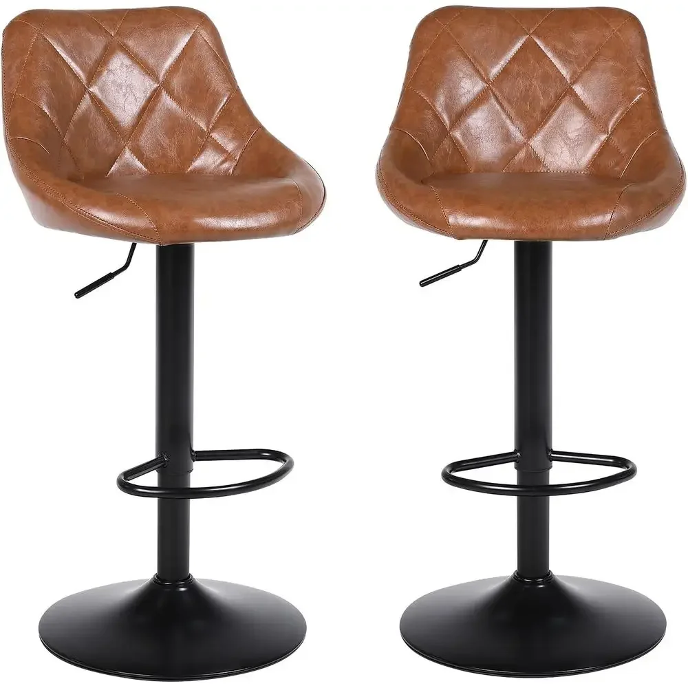 Set of 2 Swivel Counter Height Bar Stools with Backrest and Footrest, Brown Leather for Kitchen Island or Dining Area