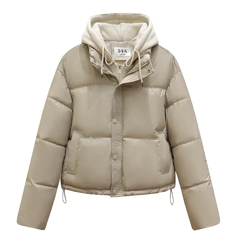 Women Spliced Oversize Parkas Coat Hooded Jacket Solid Drawstring Hem Zipper Straight Fit Thick Office Lady Casual Winter 2025