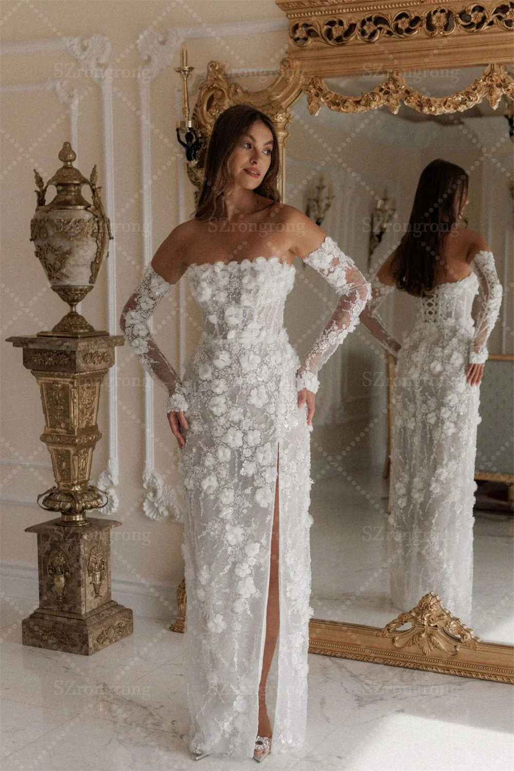 Vestido de novia elegante con cuello barco, encaje Floral, manga 3/4, abertura lateral, con cordones en la espalda, vestido de novia bohemio largo personalizado