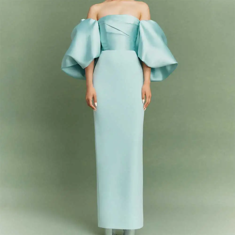 

2025 Elegant Off Shoulder Bubble Sleeves Evening Dress Prom Party Gown Backless Ankle Length Formal Ball Gown Back Slit Pleated