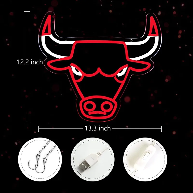 Imagem -02 - Chicago Bulls Neon Sign Led Vermelho Equipe Esportiva Cerveja Bar Homem Caverna Clube Wall Decor Presente 14x13 in