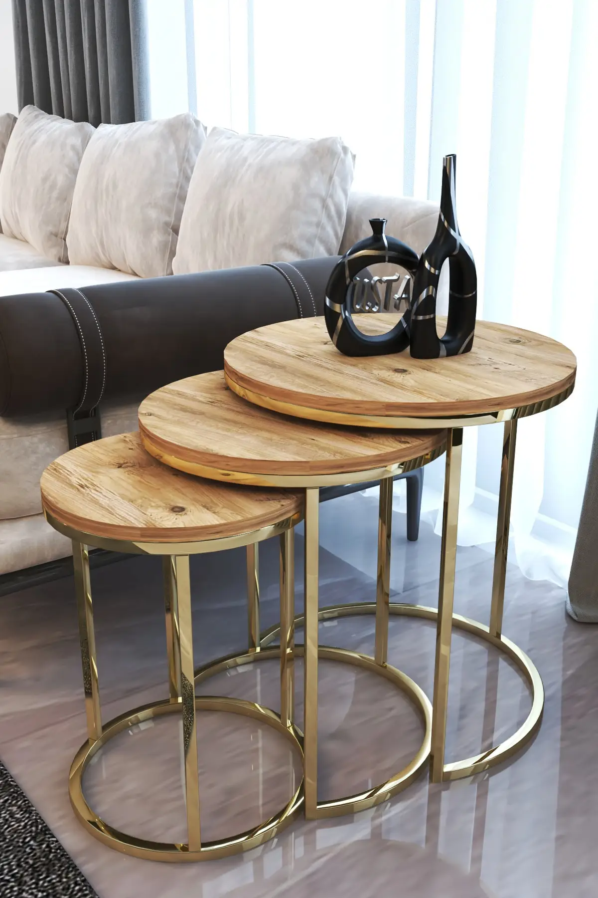 Coffee Table 3 Pieces Metal Leg Wooden Table Nest Tea Serving Tray Furniture Living Room