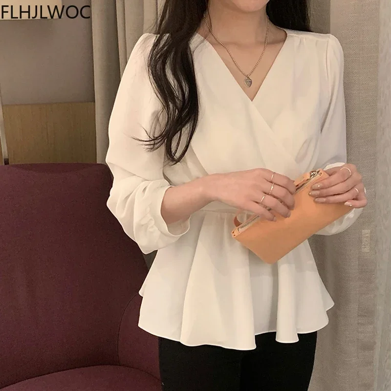 Korea Chic Tops Blusas Women Fashion FLHJLWOC Office Slim Elastic Waist Belly Peplum Top V Neck Solid White Shirt Pink Blouse