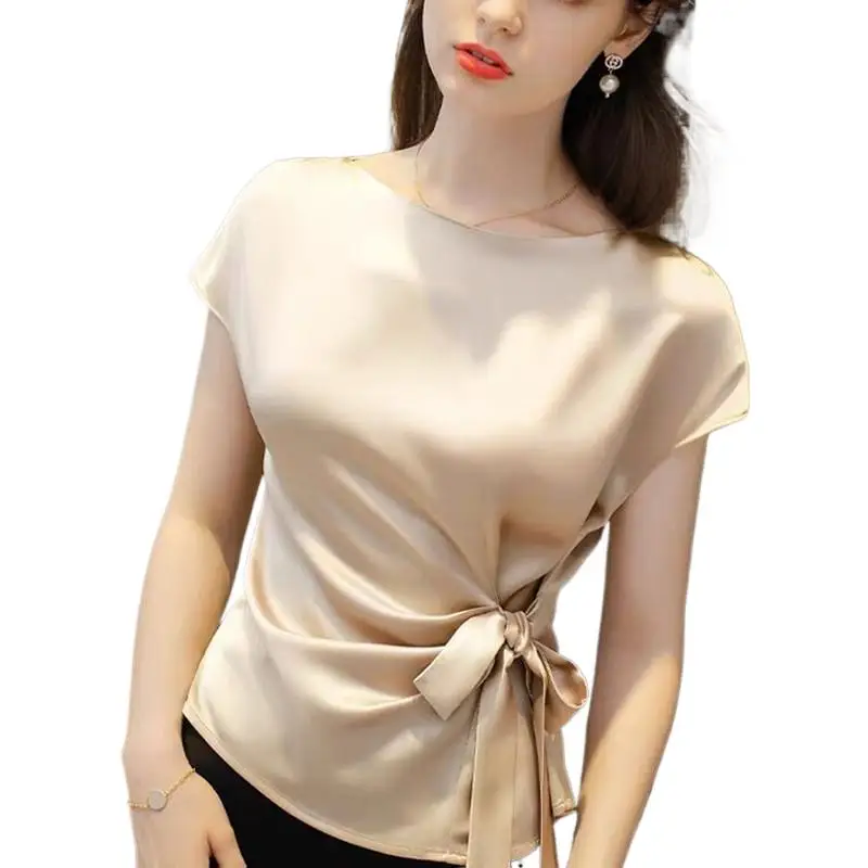 Summer Korean satin Silk lace up shirts Women Vintage Acetate satin blouse Office Lady chiffon Shirts  blusa feminina elegante