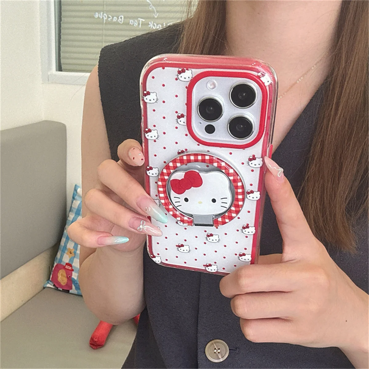 

Cute Cartoon Red Dots Hello Kitty Magnetic Phone Case For iPhone 16 Pro 14 15 Pro Max 13 Cover with Stand Holder Shockproof Case