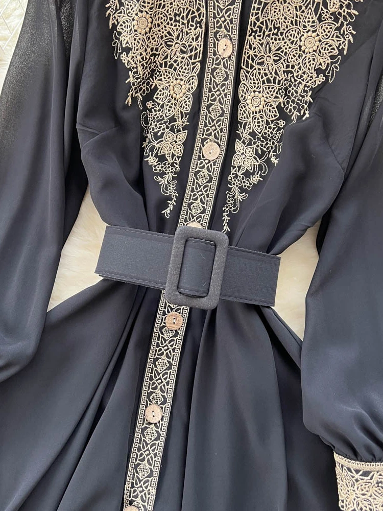 Black Vintage Dress Women Lace Long Sleeve Elegant Floral Embroidery Party Dresses Ladies Slim A-line Belt Chiffon Long Robe