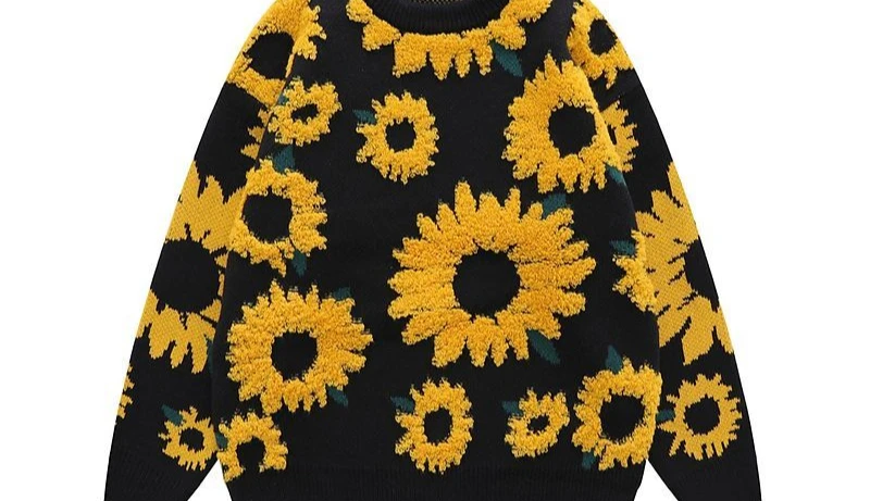 Harajuku New Mens Sweater Sunflower Flocked Round Neck Oversized Sweater Men Ins Style Loose Casual Couple Knitted Pullover Tops