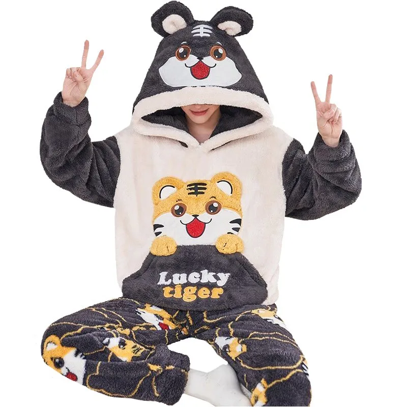 Dog Panda Tiger Youth Boy Women Pajamas Coral Autumn Winter Home Clothes Fleece-line Thick Flannel Sleepwear Set Back Night Out