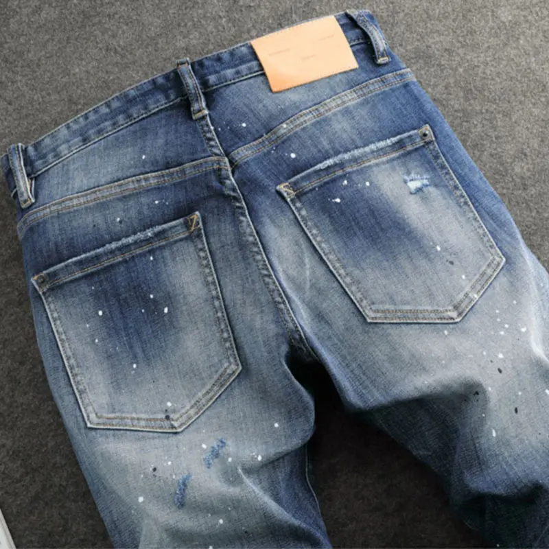 Street Fashion Men Jeans High Quality Retro Blue Stretch Skinny Fit Ripped Jeans Men Painted Designer Hip Hop Brand Pants Hombre