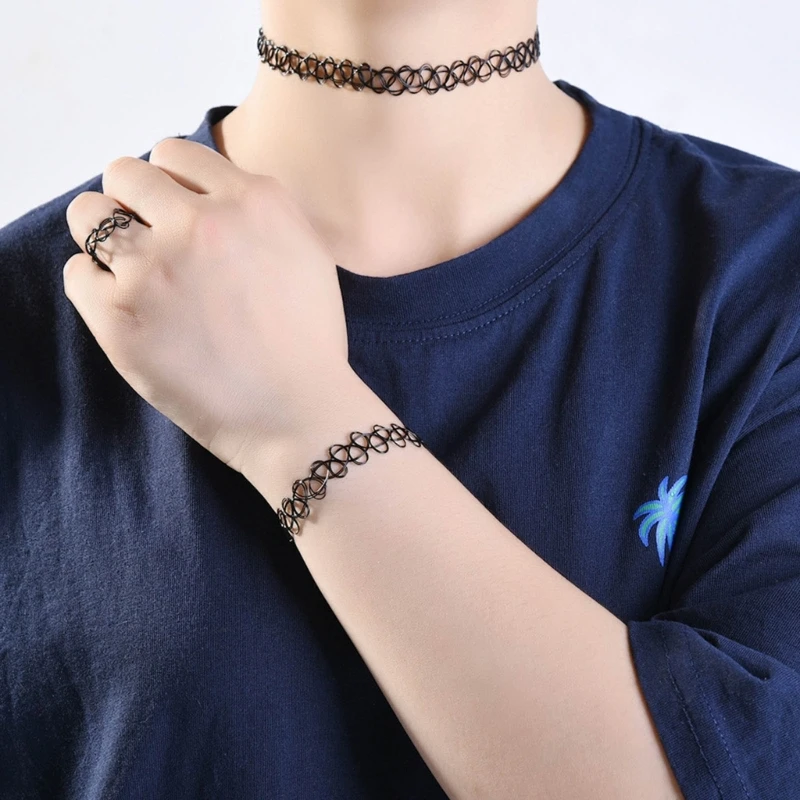 2023 New 3Pcs Black Tattoos Choker Bracelet Ring Elastic Stretchable Chokers Gothic Tattoos Choker Chain Jewelry for Women Girls