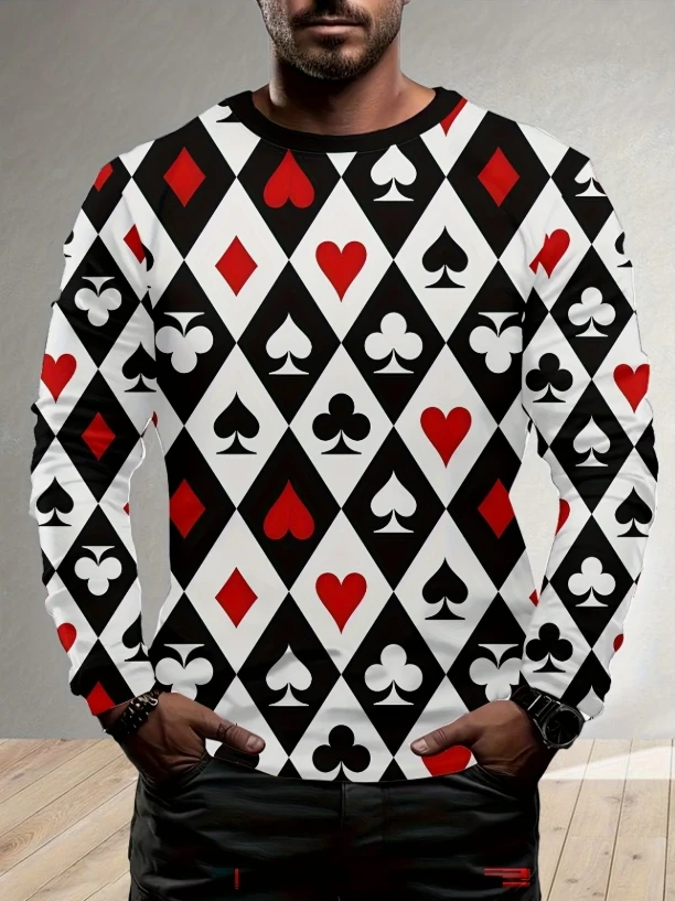 

Men'S Long Sleeve T-Shirt, Cute Cartoon Print, Stretchy Fabric, Round Neck, Pullover, All-Season, Knit, Polyester。