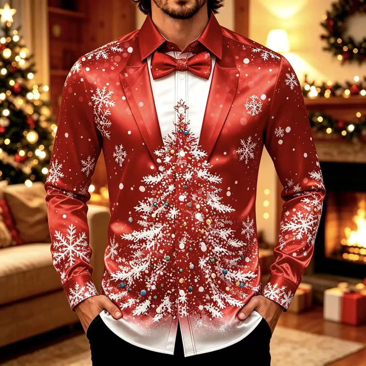 New Christmas Men's Shirt Fake Suit Design Snowflake Christmas Tree Starlight 3D Printed Pattern Long Sleeve Shirt