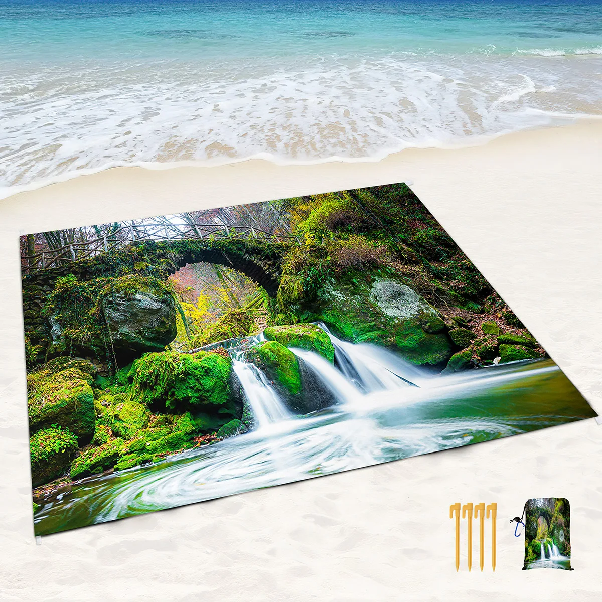 Beach Blanket,Natural Waterfall Picnic Blankets Waterproof Sandproof,Lightweight Beach Carpet,SandProof Mat for Travel,Camping