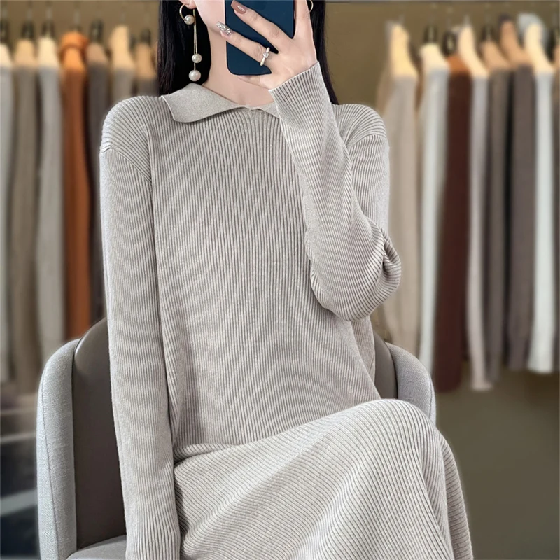 Women\'s boutique POIO collar long sleeved dress autumn and winter knitted cashmere sweater Women\'s solid color pullover long