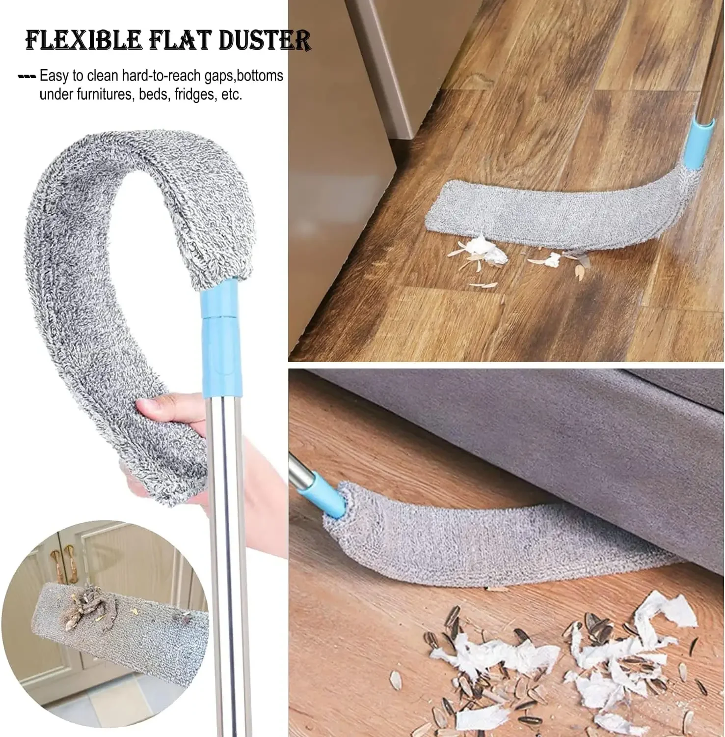 Dust Brush Under Appliance Duster with Extension Pole Bendable Washable Extendable Gap Dusters for Sofa Bed Furniture Bottom