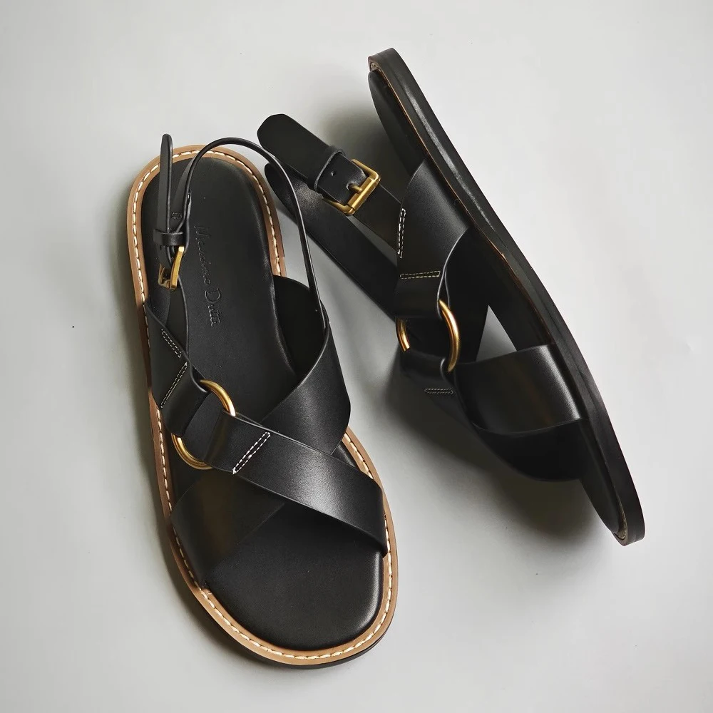 Mrxmus Retro Roman Designer Sandals Female 2024 New In Solid Color Leather Sandalias Cross Strap Design Fashion Flat Sandals