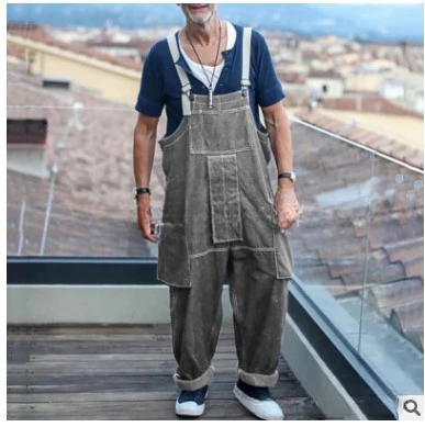 Streetwear Men Solid Color Multi Pockets Denim Overalls Loose Casual Washed Jumpsuit 2024 Male Suspenders Jeans Cargo Trousers