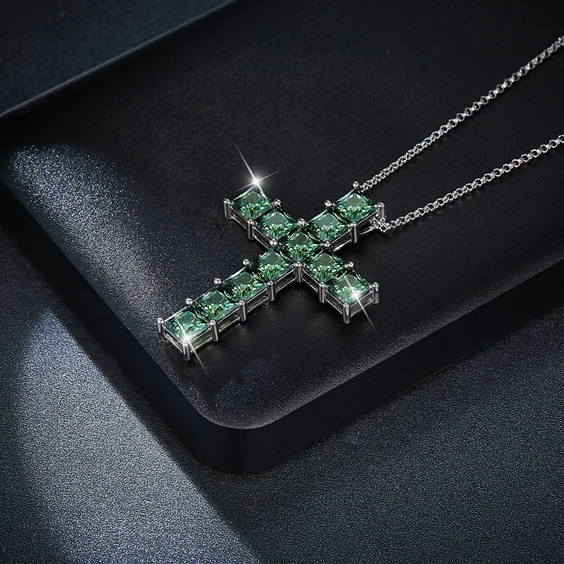 New Green Moissanite Cross Pendant Necklace for Men Women Sterling Silver Princess Lab Diamond Pass Diamond Test Party Necklace - Image 5