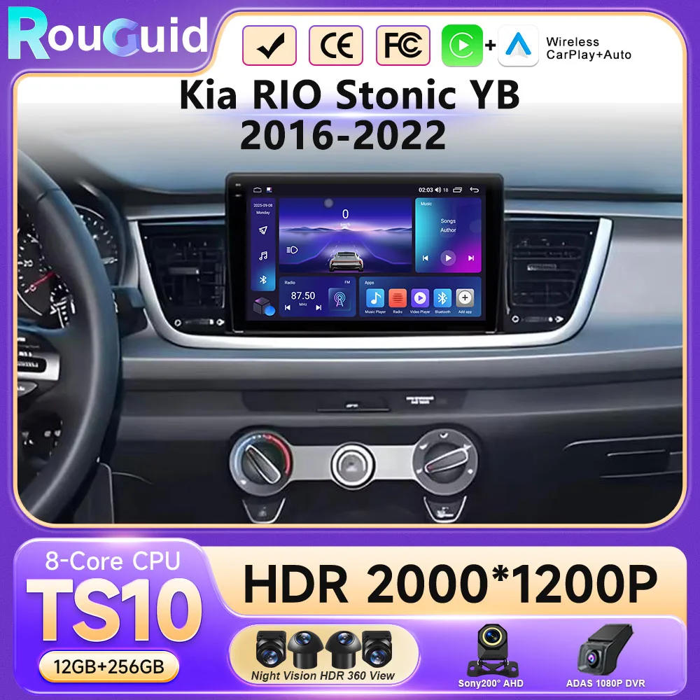 Reproductor Multimedia para Auto Android 16, Radio para Kia Rio Stonic YB 2016 2017 2018 2019 - 2023, Carplay, Estéreo para Auto, 4G, DSP, RDS, QLED, DVD