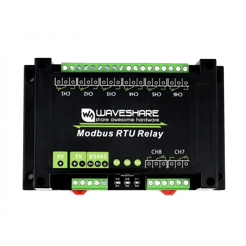 Módulo de relé industrial Modbus RTU de 8 canais com interface RS485, circuitos de proteção multi isolamento, fonte de alimentação 5V