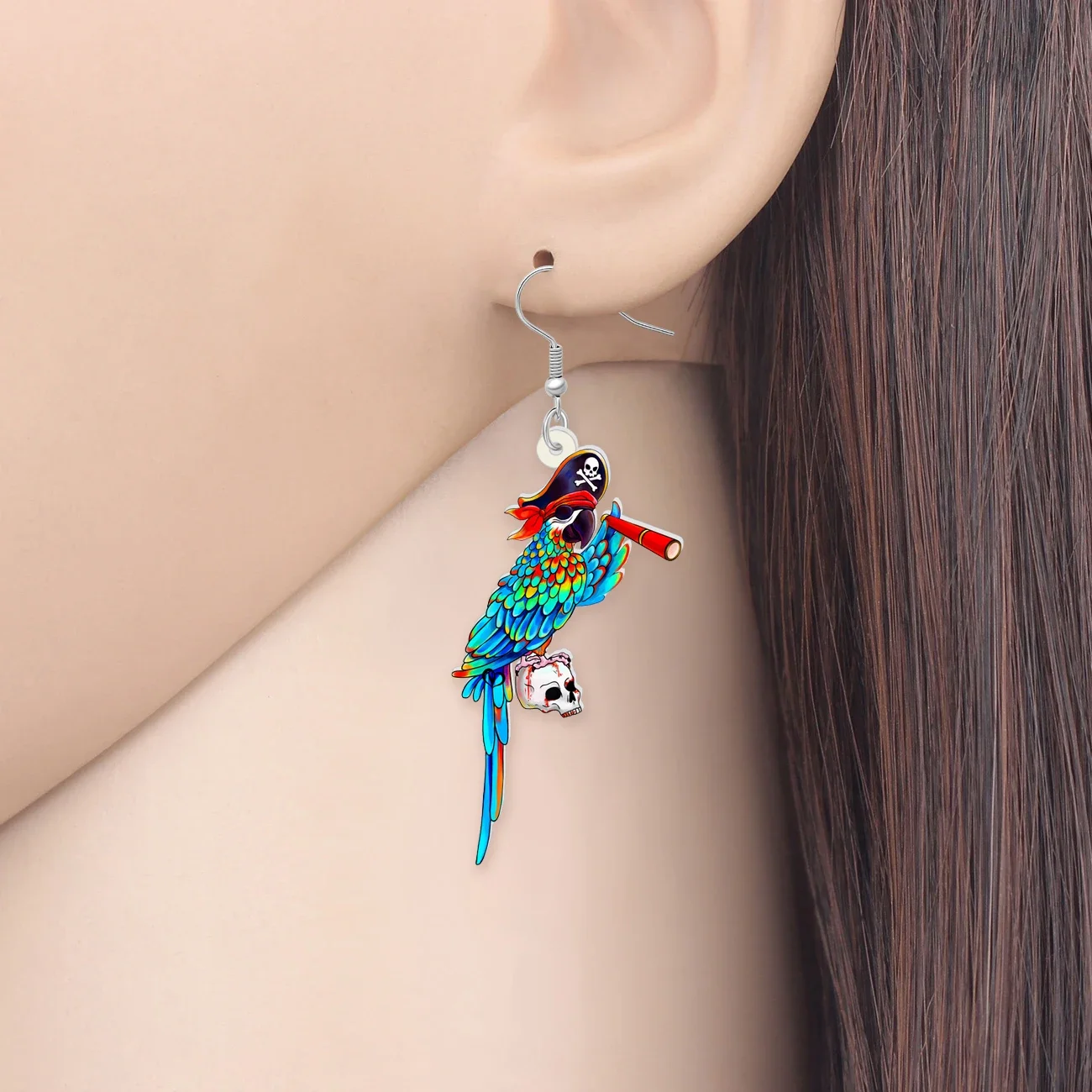 BONSNY Acrylic Halloween Pirate Macaws Skull Drop Dangle Earrings Fun Parrot Bird Jewelry Gifts For Women Girls