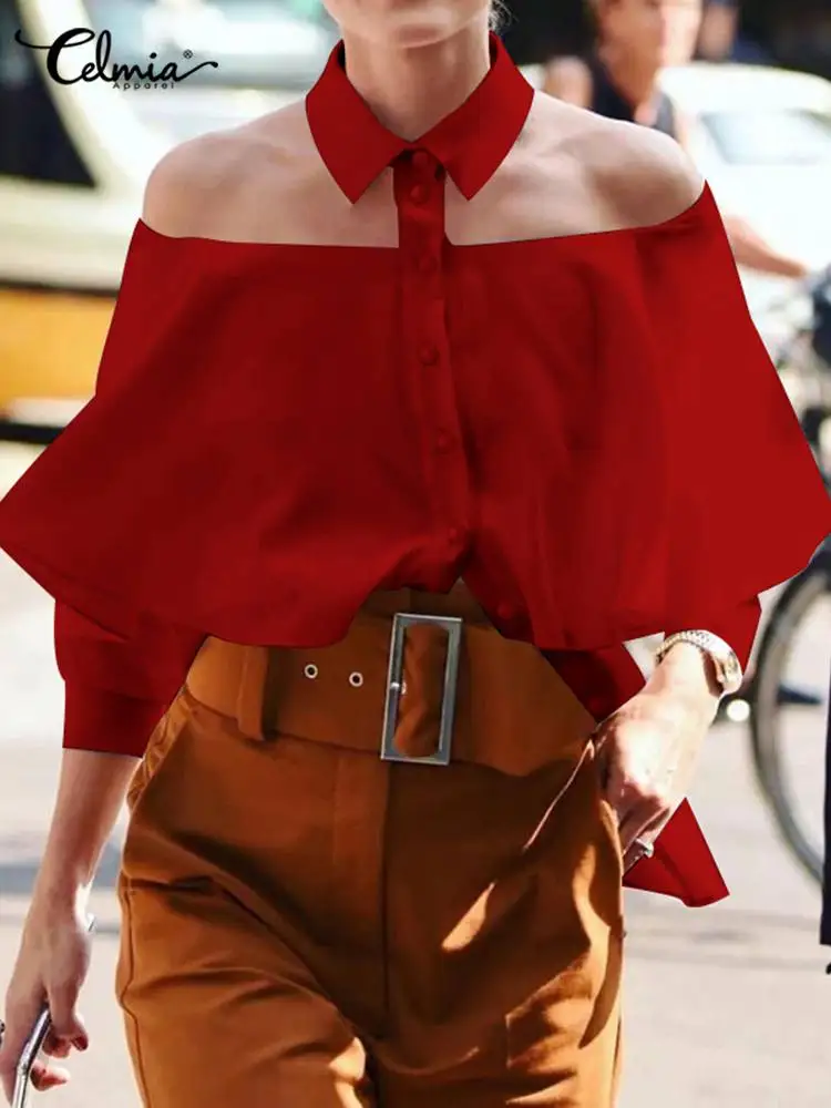 2024 Off Shoulder Shirts Celmia Vintage 3/4 Sleeve Tops Fashion Solid Ruffles Covering Lapel Tunic Chic Streetwear Blouses Mujer