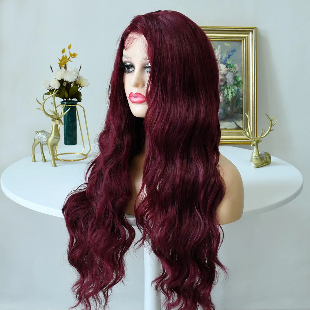 Бордовый Красный Объемная Волна Hd Прозрачный Парик Фронта Шнурка 13x4 Парики Глубокой Волны Для Женщин Предварительно Сорванные Кружевные Фронтальные Синтетические pelucas
