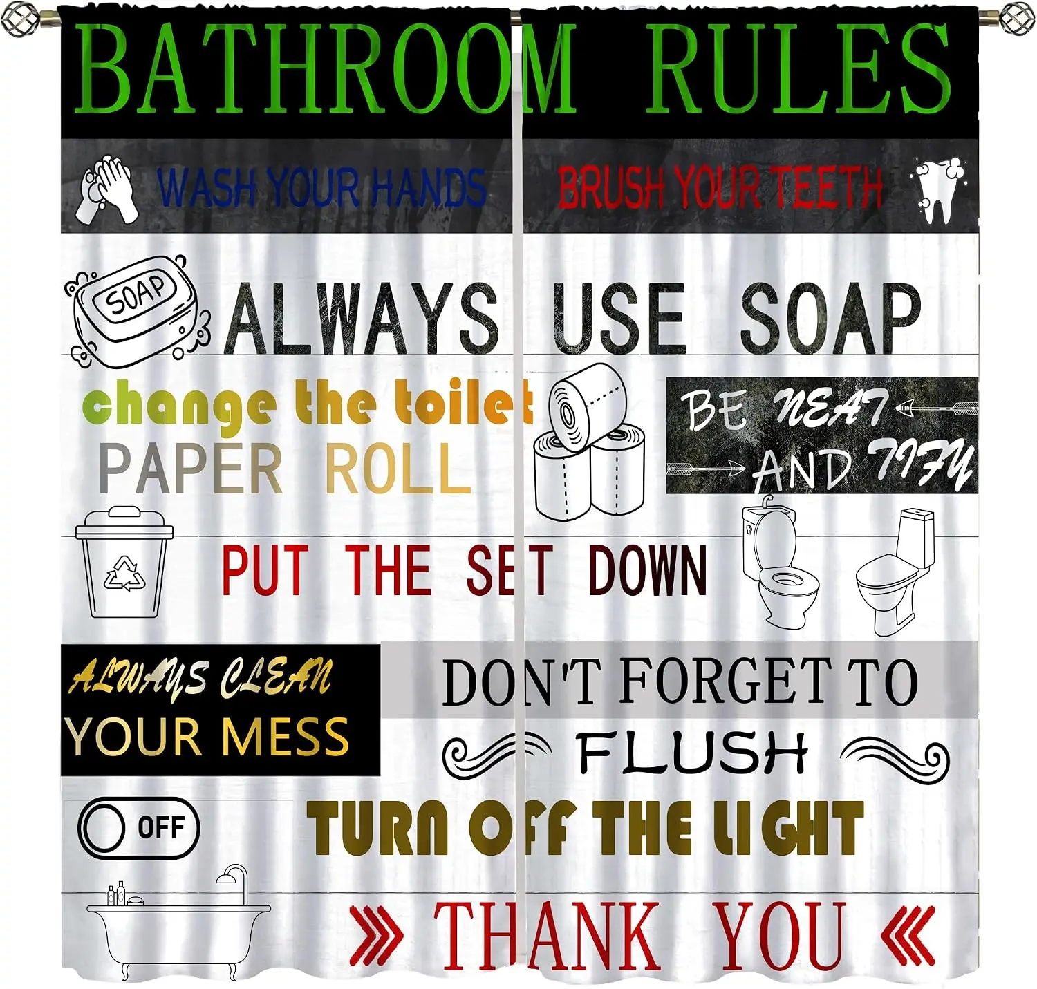 Bathroom Rules Curtain 2 Panels Funny Hygiene Text Cartoon Toilet Soap Print Humor Vintage Style Bathroom Decor Curtains