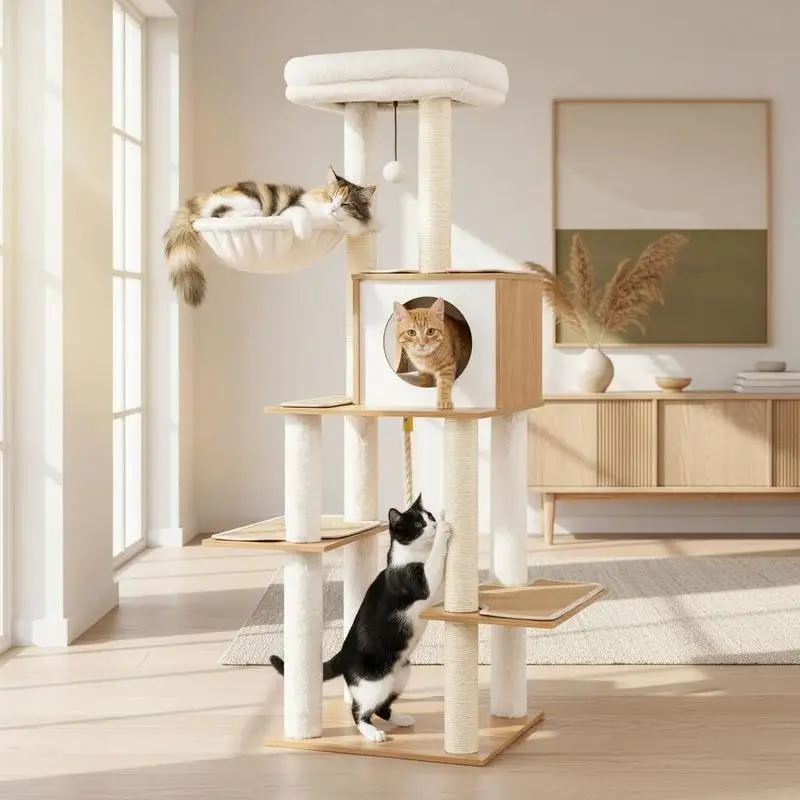 148 cm hoher moderner Katzenbaum, Natur-Sisal-Kratzpfosten & breite Liegefläche, gemütliches Katzenhaus & Hängematte für Hauskatzen, robustes mehrstufiges Kletterzentrum