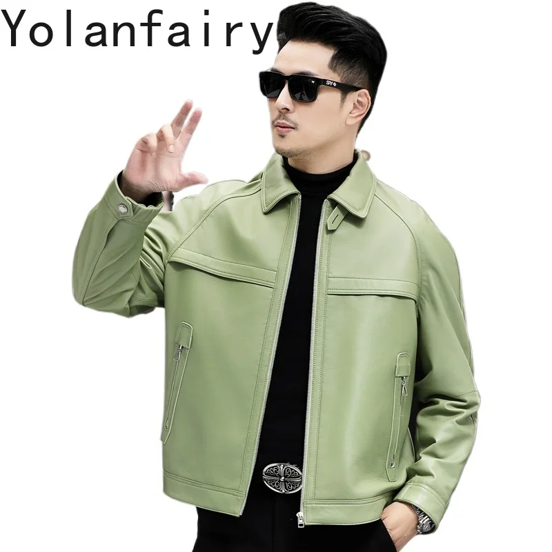 YOLANFAIRY Genuine Leather Sheepskin Jackets for Men Fashion Spring Autumn Short Motorcycle Jacket Lapel Coats New Veste Homme