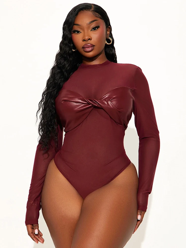 

Женское сексуальное боди из искусственной кожи в стиле пэчворк с прозрачной сеткой, 2024, облегающий короткий комбинезон с длинными рукавами для клубной вечеринки, топы