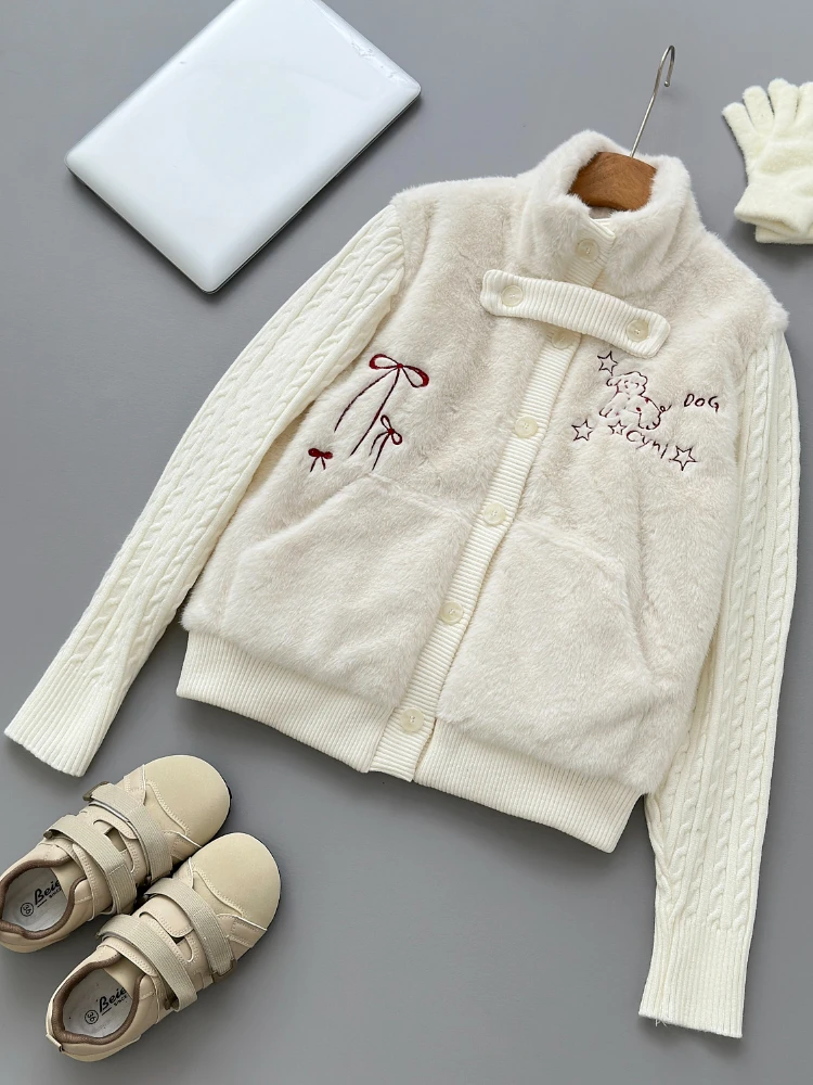 

Korean College Style Sweet Knit Patchwork Coat Girl Winter Warm Soft Cotton Jacket New Hepburn Fashion Retro High Street Clothes