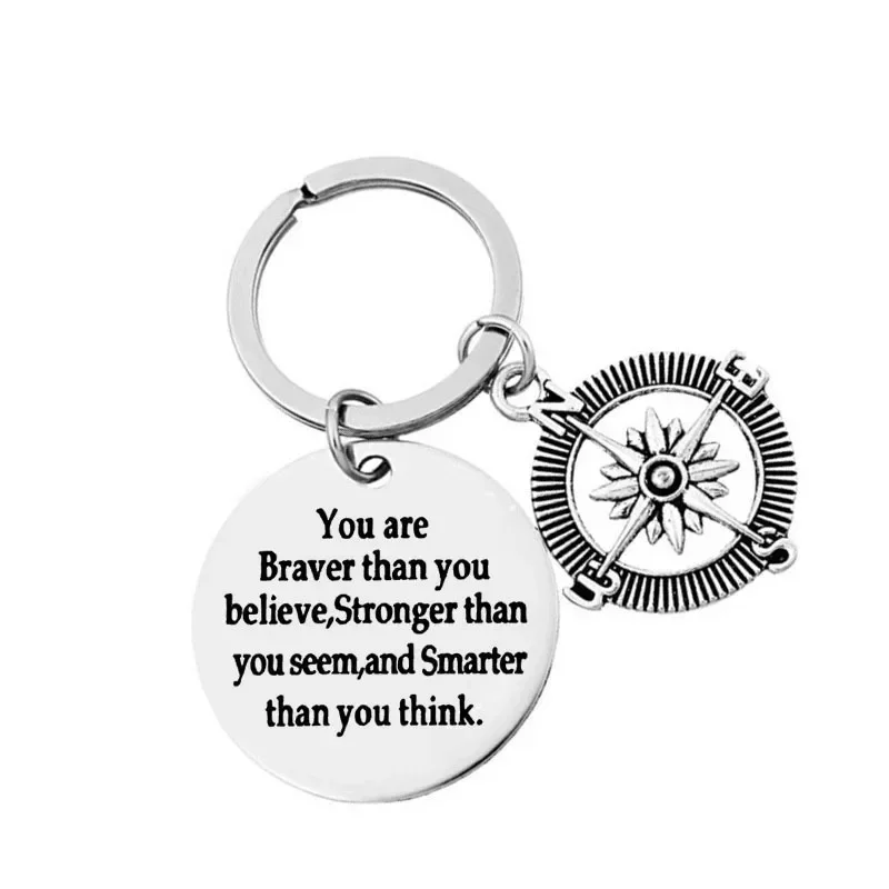 Charm Compass Inspirational Gift Keychain Pendant You Are Braver Than You Believe Key Chain Good Friend Daughter Son Sister Gift