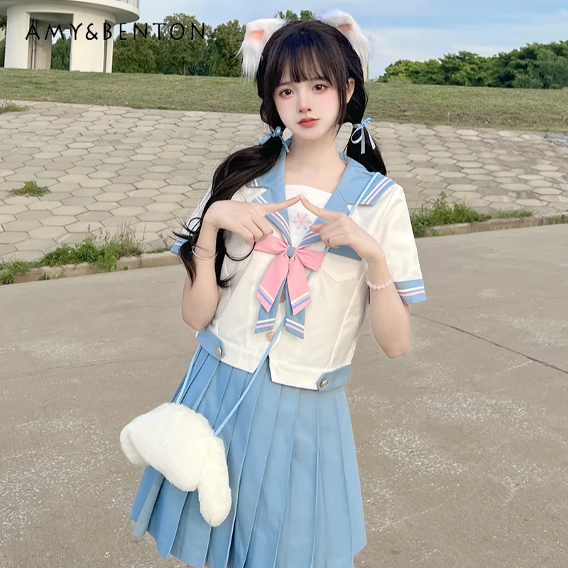 Japanese Style JK Uniform Sailor Collar Cute Sweet Blue and White Color Matching Long Short Sleeves Top Pleated Skirt Suit Girls