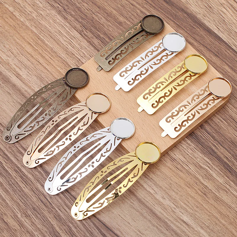 

50pcs Hair Clips Snap Barrettes Hairpins Bendy Filigree Rectangle Bobby Pins w/ 18mm Round Bezel tray Clips Findings Bronze tone