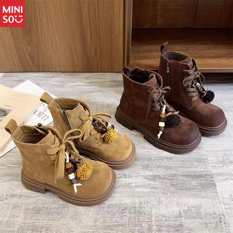 

Детские ботильоны Miniso из супермягкой замши, удобные ботинки martin на флисовой подкладке для девочек, высокое качество