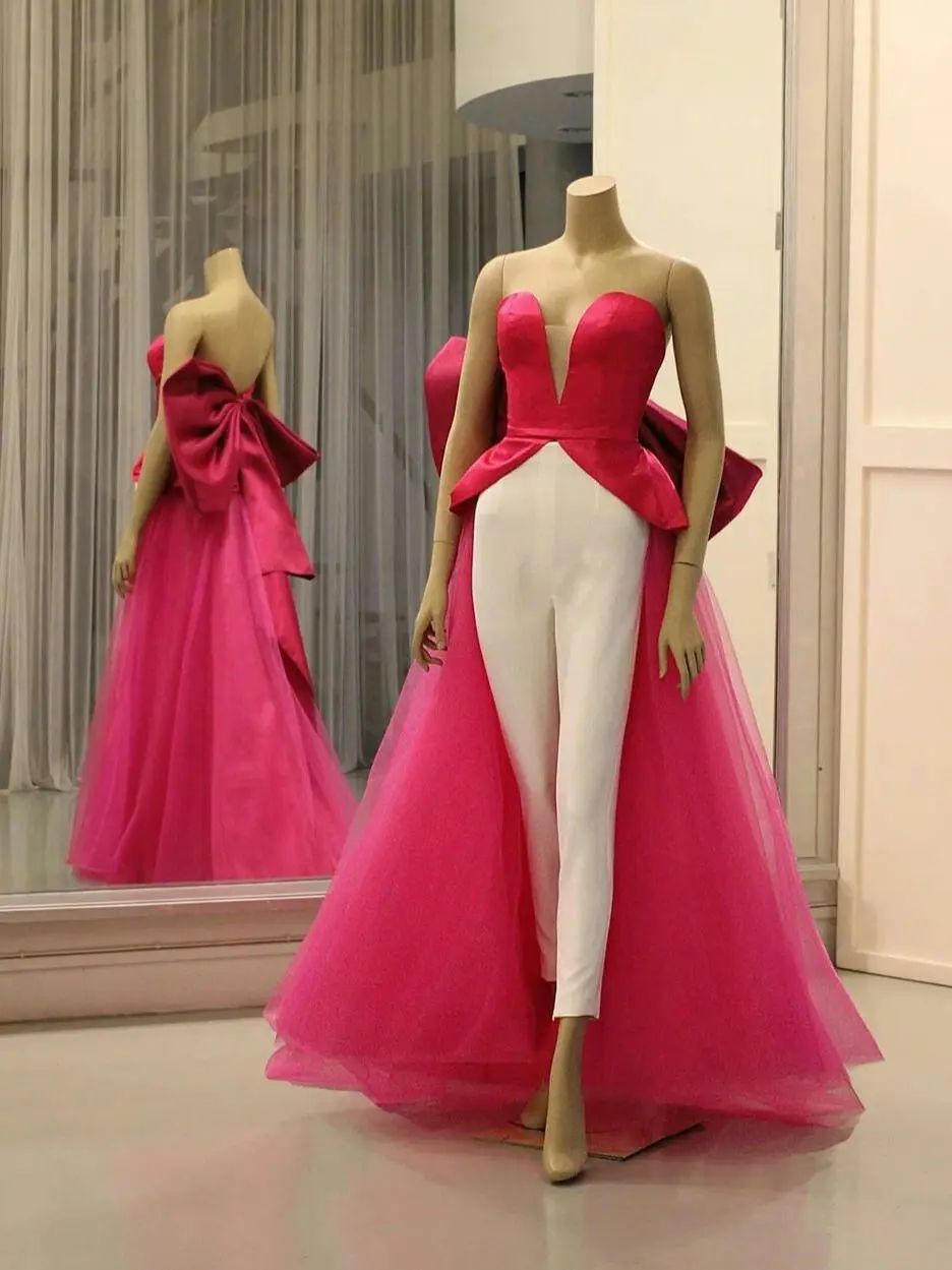 

Fuchsia Pink Stain Jumpsuit Prom Dresses with Big Bow Remove Train 2022 Sweep train Sweetheart Arabic Evening Gown Pant Suit