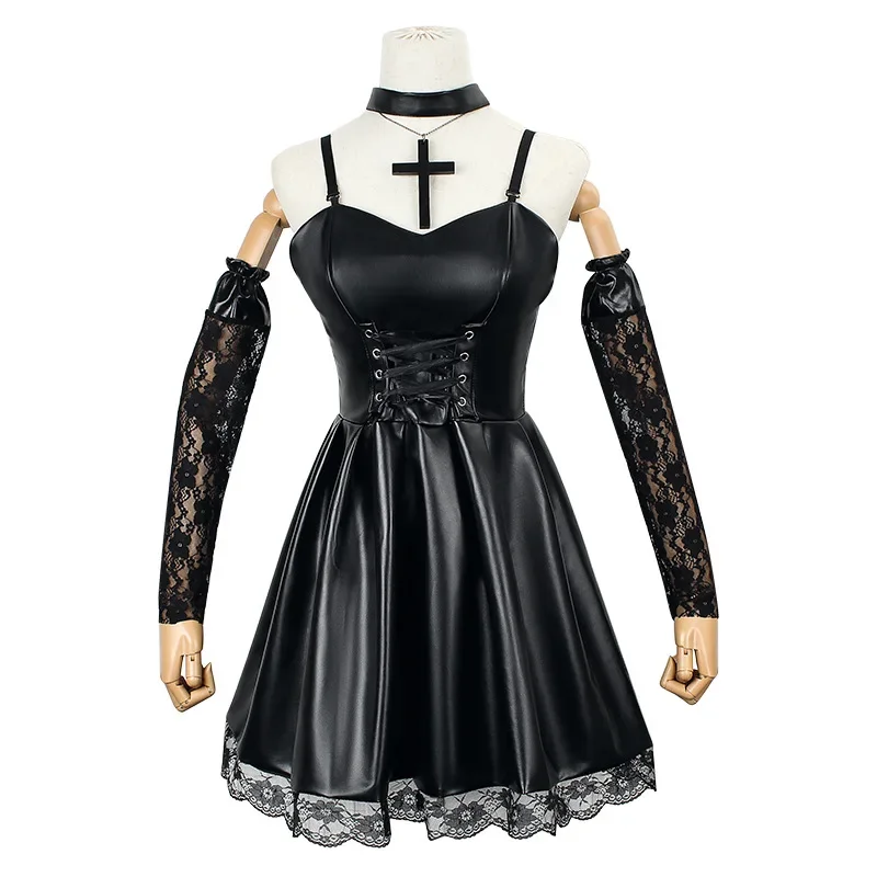 Death Note Misa Cosplay Costume Sexy Women Dress Anime Black Cross Necklace Neck Ring Full Set Golden Wig Halloween Carnival RZ4