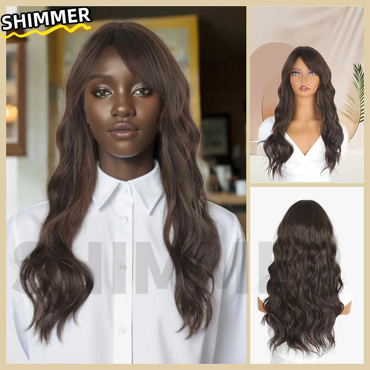 

Brown wig long hair wavy curls everyday elegant wig, high temperature wire can be dyed or permed, suitable for parties