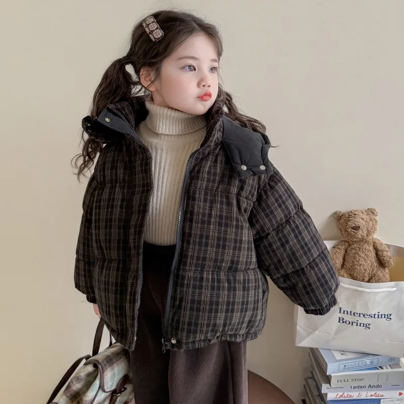 Kids Winter Coat Korean Style Plaid Hooded Padded Parka Thick Warm Jacket for Girls Boys Children Outerwear Hot 2025 New