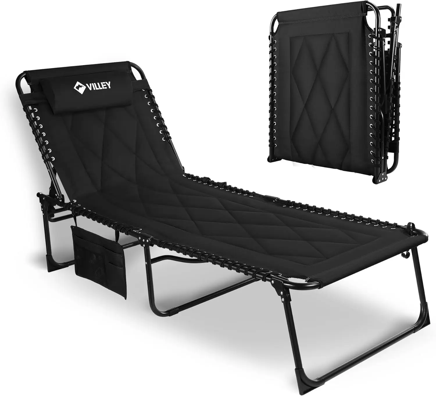 

Oversized Padded Chaise Lounge with Cushion, Foldable Camping Cot, Adjustable Recliner for Outdoor Indoor Use
