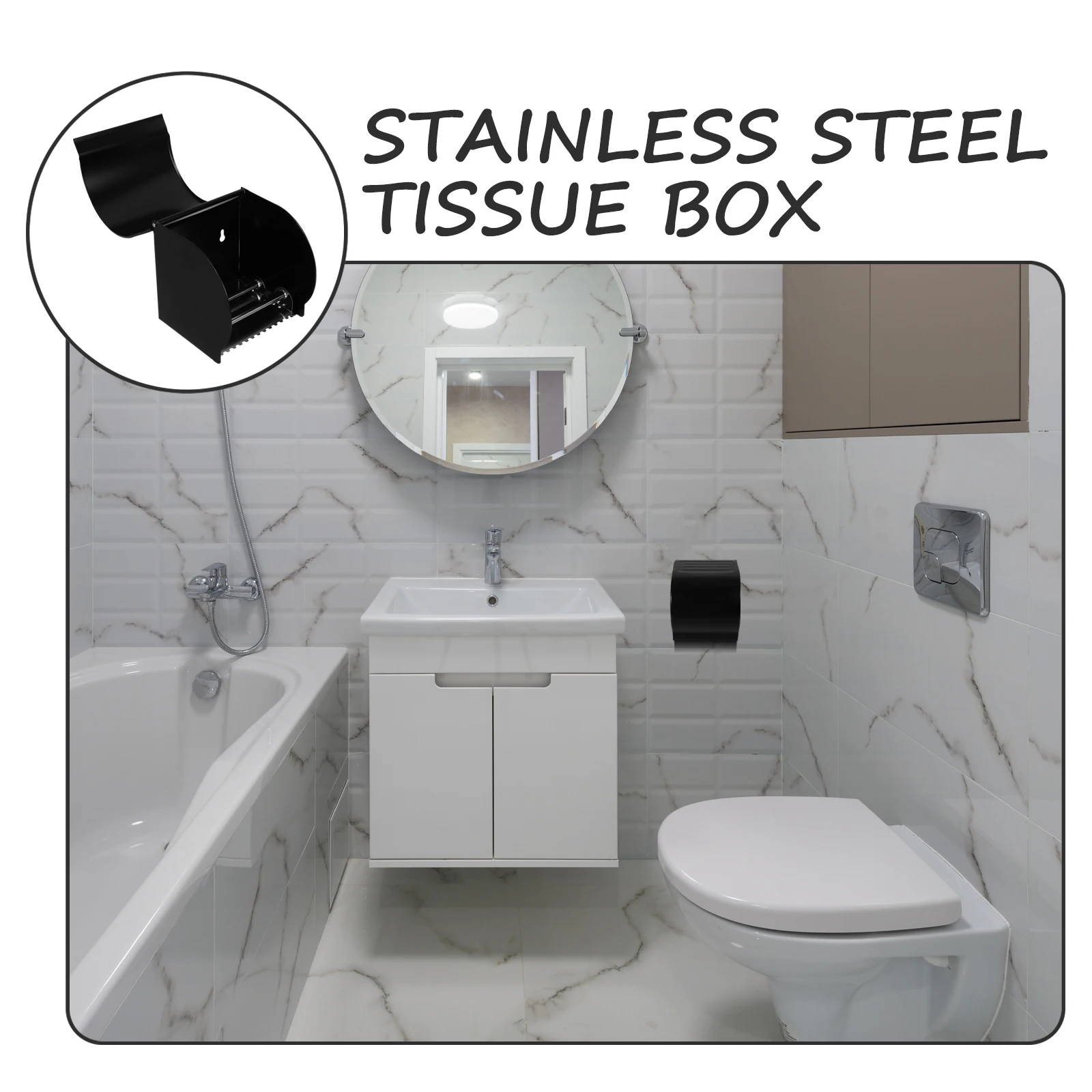 

1pc Stainless Steel Box Waterproof Wall Mounted Bathroom Tissue Case Large Capacity Easy Install Curved Design Black