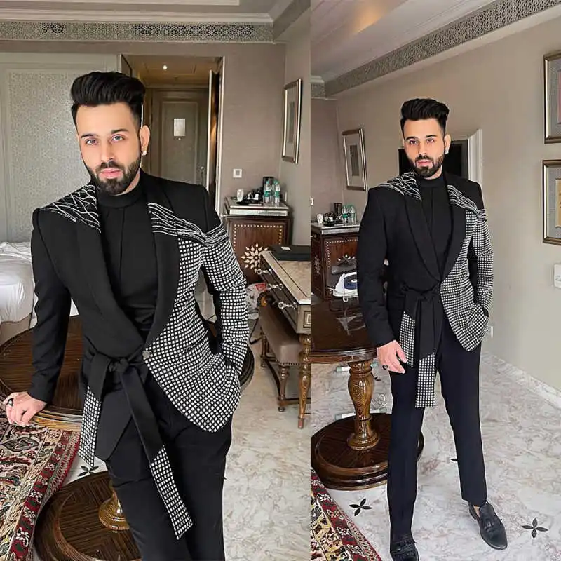 

Shining Men Suit 2 Pieces Jacket Pants Crystal Single Breasted Groom Wedding Slim Fit Tuxedos Evening Prom Customized