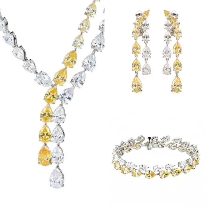 Bellux hot selling 925 silver necklace bracelet earrings luxury yellow and white pear shaped water drop gemstone jewelry set