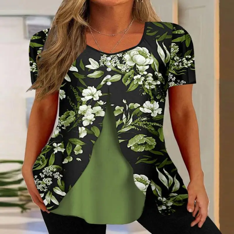 

Plus Size Women's Short Sleeve Scoop Neck Floral Printed Fake Two Pieces Top