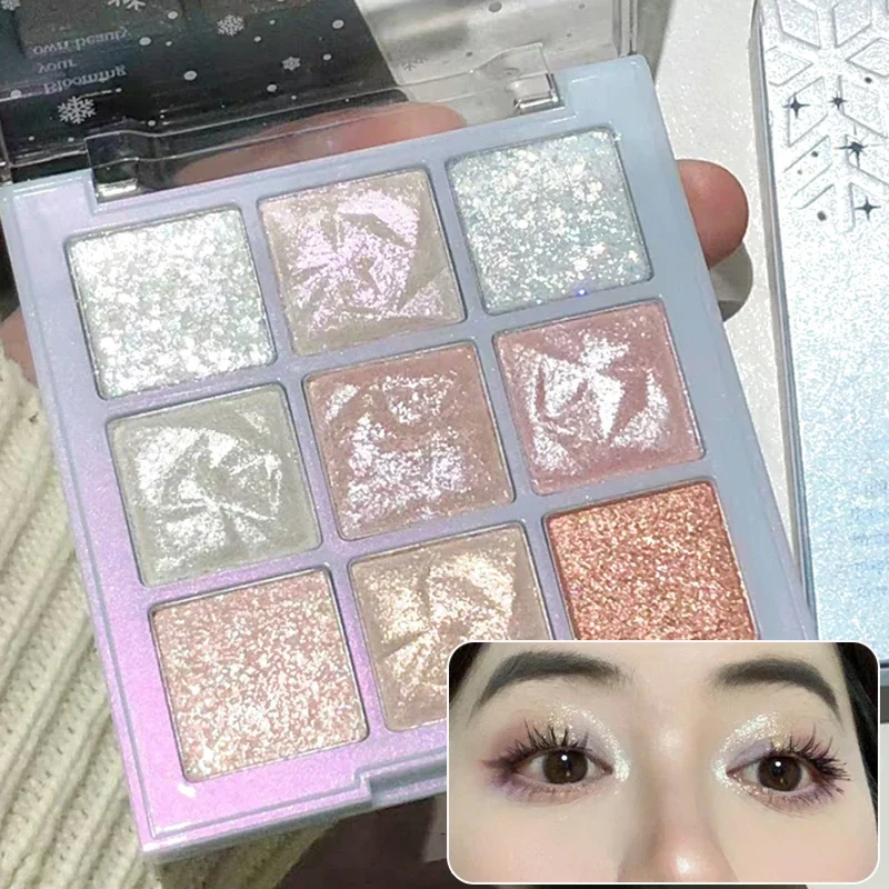 Heallor 9-Color Full Glitter Chameleon Eyeshadow Palette Snowflake Pearlescent Delicate Eye Brightens Highlight Makeup Color Shi