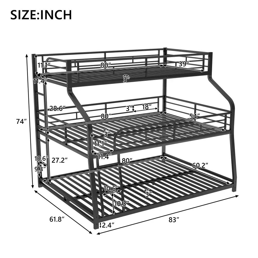 Letto a castello triplo Twin Full Queen con scala lunga e corta e guide a figura intera, letto per bambini nero Letto per ragazzi Mobili per bambini